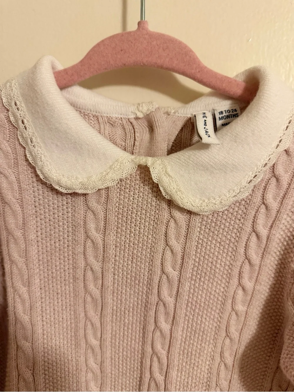 Janie and Jack Classic Cable Knit Pink One-Piece with Peter Pan Collar like new